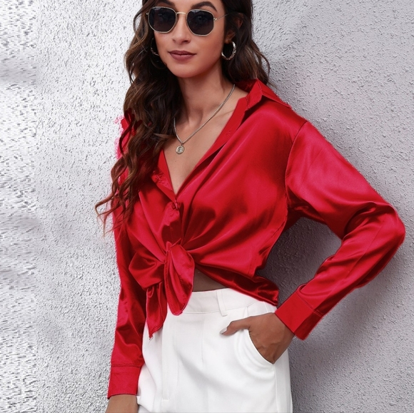 Red Collared Neck Buttoned Long Sleeve Shirt - Picture 1 of 5